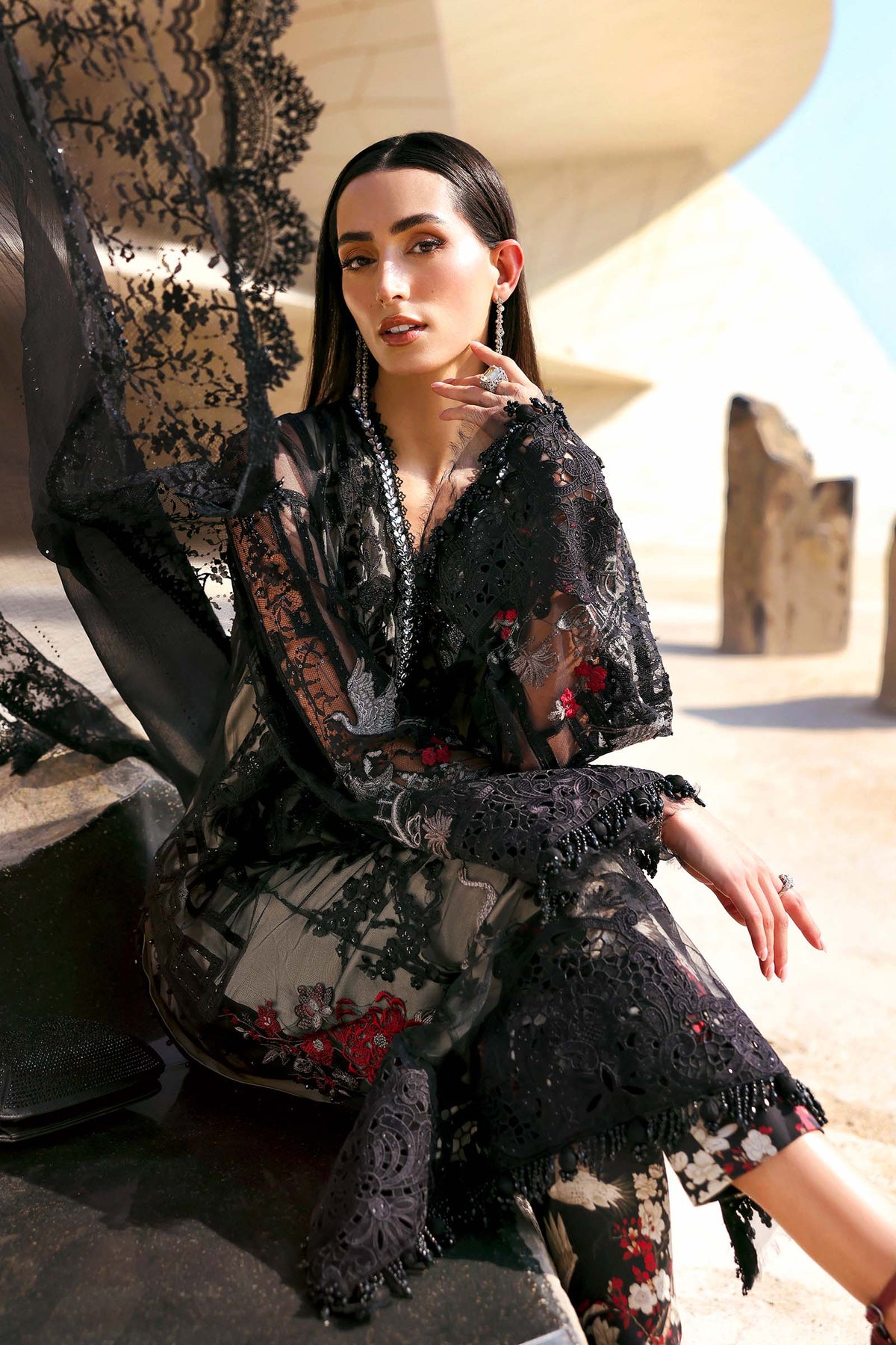 3 Piece Unstitched Embroidered Net Suit
